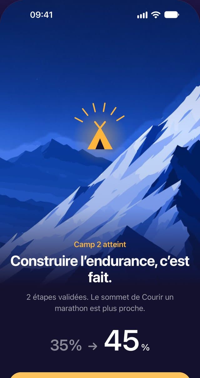 Camp 2 atteint : l’objectif passe de 35 % à 45 %.
