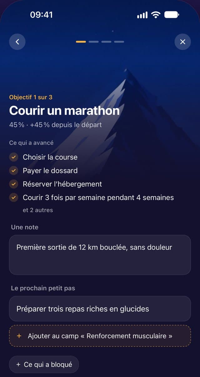 Bilan de la semaine : étapes validées, une note et le prochain pas.