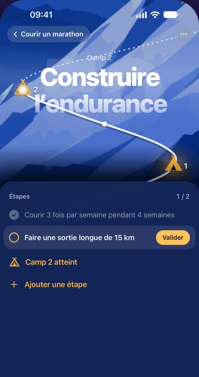 Écran Camp : sentier zoomé, l’étape « Faire une sortie longue de 15 km » à valider.