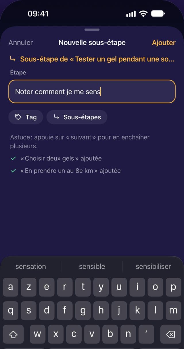 Ajout d’une sous-étape sous « Tester un gel pendant une sortie ».