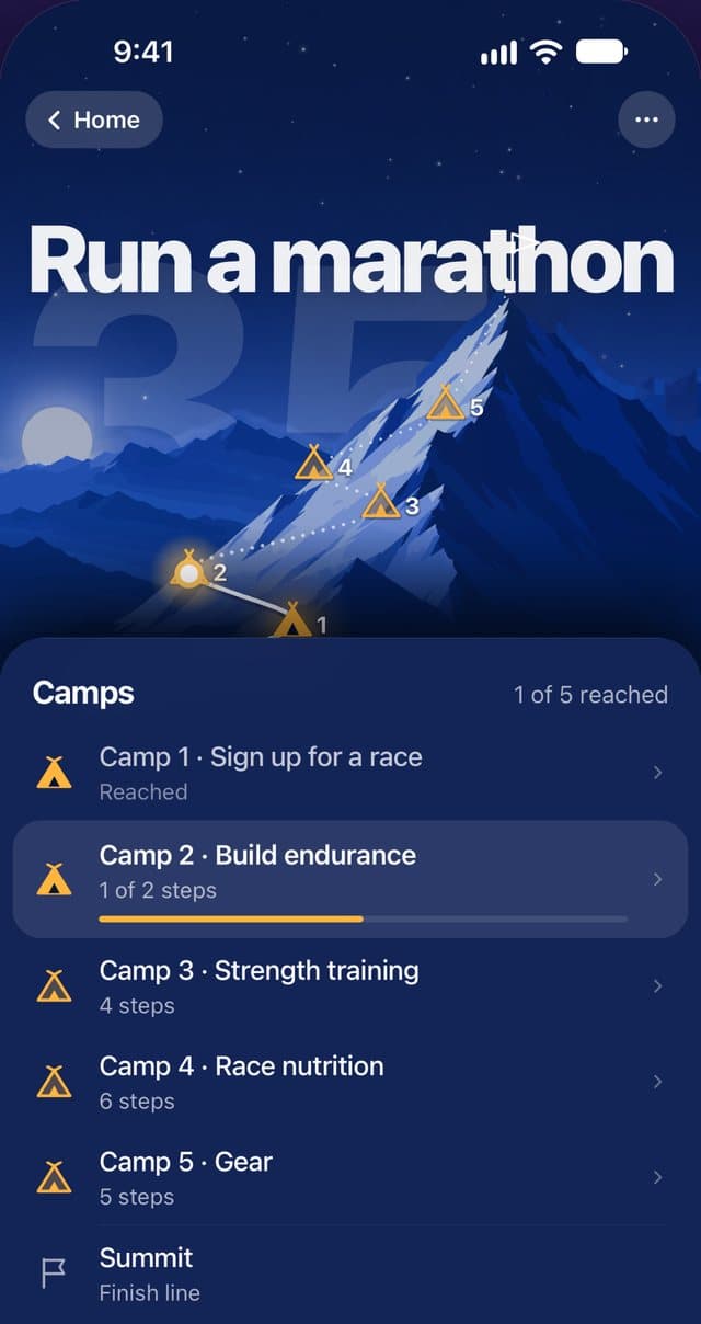 Reclaim’s Goal screen: “Run a marathon”, the mountain and its camps; Camp 2, Build endurance, in progress.