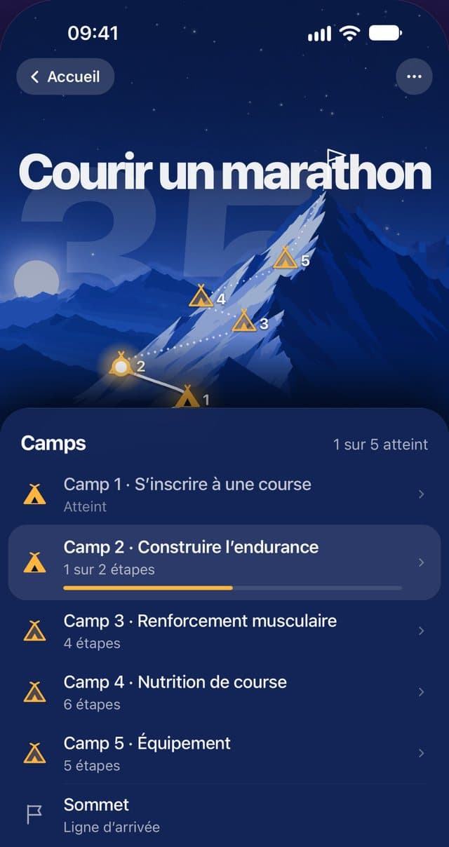 Écran Objectif de Reclaim : « Courir un marathon », la montagne et ses camps ; Camp 2, Construire l’endurance, en cours.